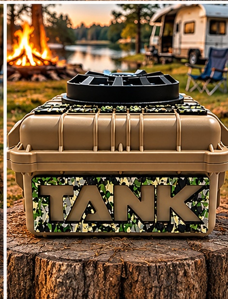 TANK speaker box in a woodland camping setting