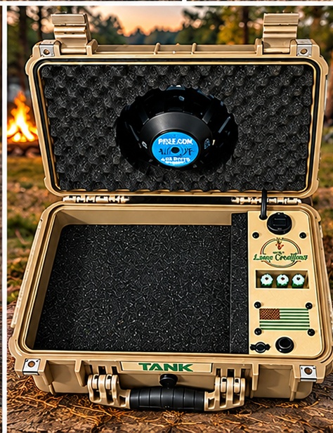 Full open TANK case showing the storage area, controls, and speaker in the lid