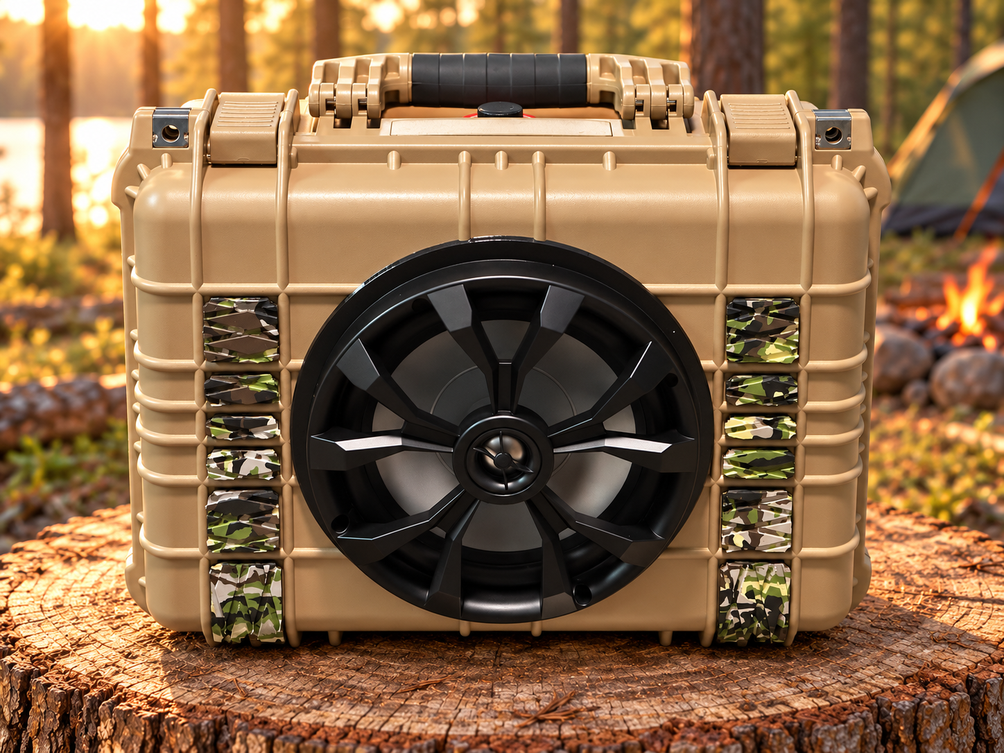 Tan TANK speaker box with a large black speaker at a woodland campsite